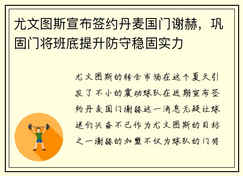 尤文图斯宣布签约丹麦国门谢赫，巩固门将班底提升防守稳固实力
