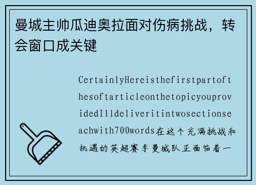 曼城主帅瓜迪奥拉面对伤病挑战，转会窗口成关键