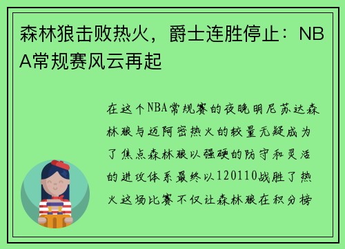 森林狼击败热火，爵士连胜停止：NBA常规赛风云再起