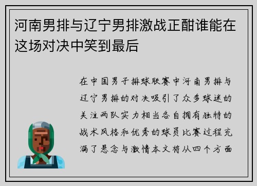 河南男排与辽宁男排激战正酣谁能在这场对决中笑到最后