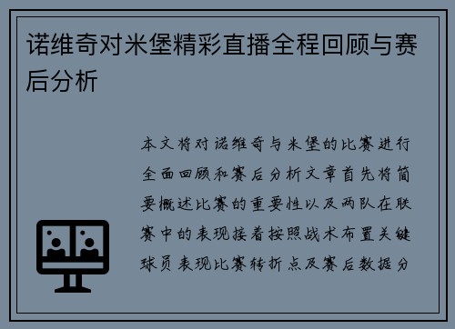 诺维奇对米堡精彩直播全程回顾与赛后分析