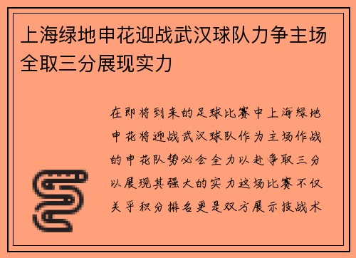 上海绿地申花迎战武汉球队力争主场全取三分展现实力