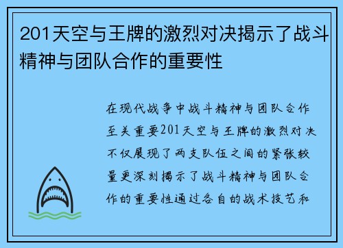 201天空与王牌的激烈对决揭示了战斗精神与团队合作的重要性