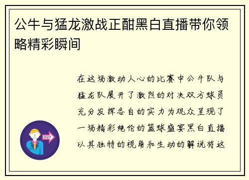 公牛与猛龙激战正酣黑白直播带你领略精彩瞬间