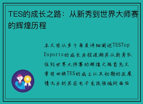 TES的成长之路：从新秀到世界大师赛的辉煌历程