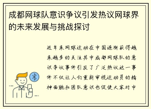 成都网球队意识争议引发热议网球界的未来发展与挑战探讨