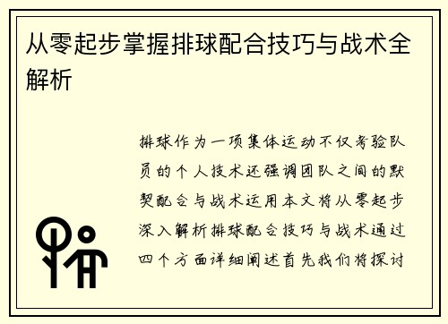 从零起步掌握排球配合技巧与战术全解析