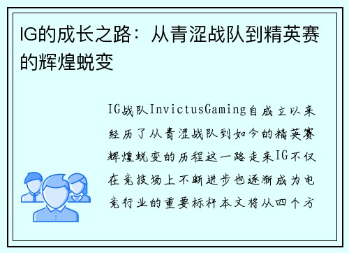 IG的成长之路：从青涩战队到精英赛的辉煌蜕变