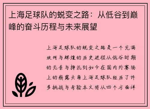上海足球队的蜕变之路：从低谷到巅峰的奋斗历程与未来展望