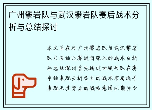 广州攀岩队与武汉攀岩队赛后战术分析与总结探讨