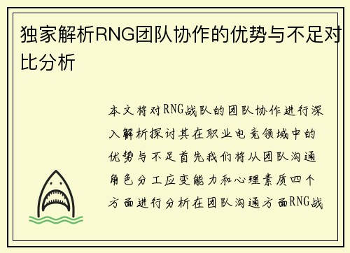 独家解析RNG团队协作的优势与不足对比分析